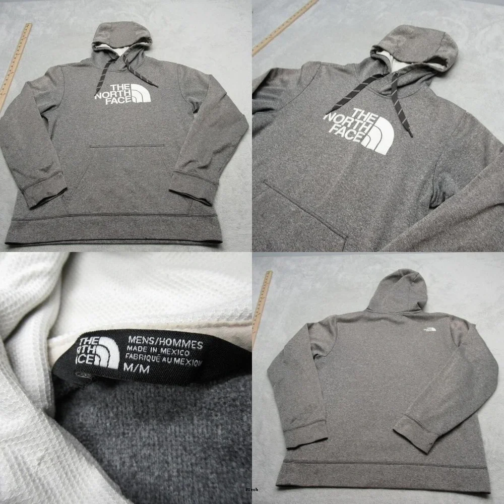North Face Hoodie Men Medium Gray Logo Graphic Fleece Pullover Sweatshirt Hiking